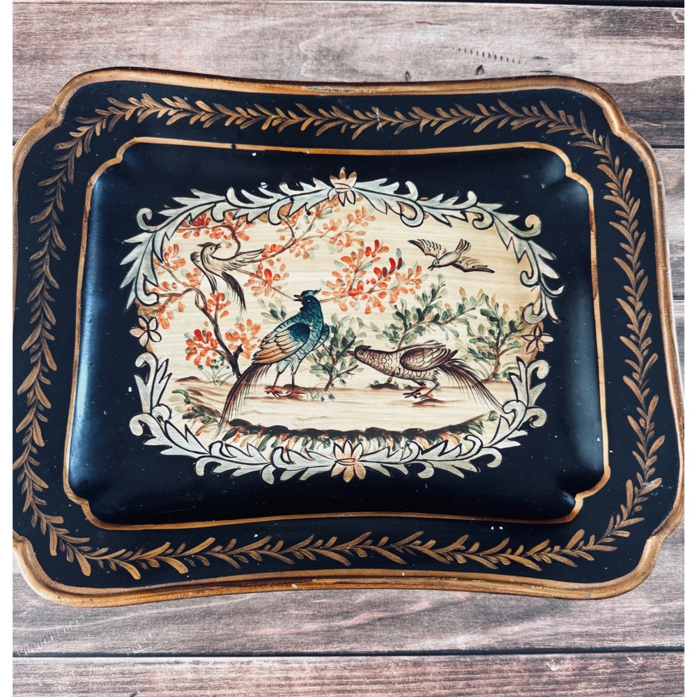 Vintage Chinoiserie ceramic  Hand Painted Pheasant‎ Bird Black Gold Metal